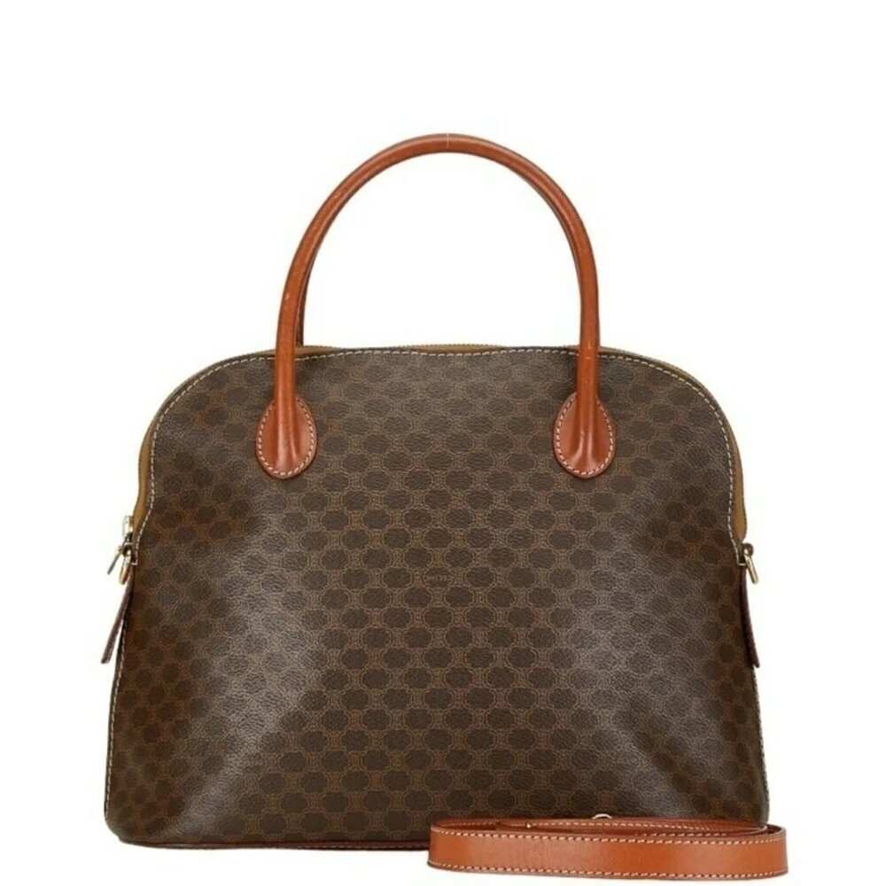 Celine Macadam Brown Coated Canvas & Leather Handbag With Adjustable Strap